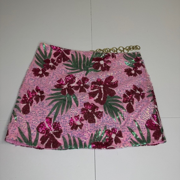 Maje Joustik Sequin Mini Skirt Hibiscus Floral Pink Gold Chain French 38/US M - Picture 1 of 9